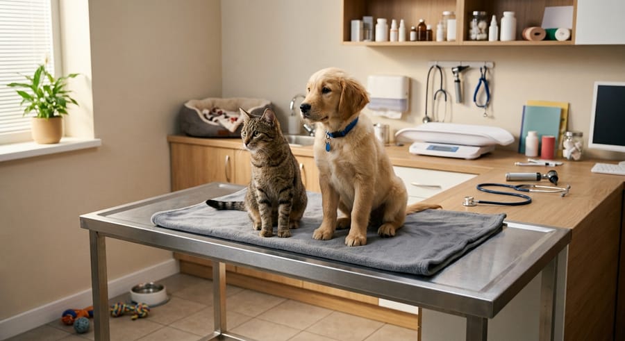 Un câine și o pisică pe masa de consultație din cabinet, lângă instrumentele medicului veterinar