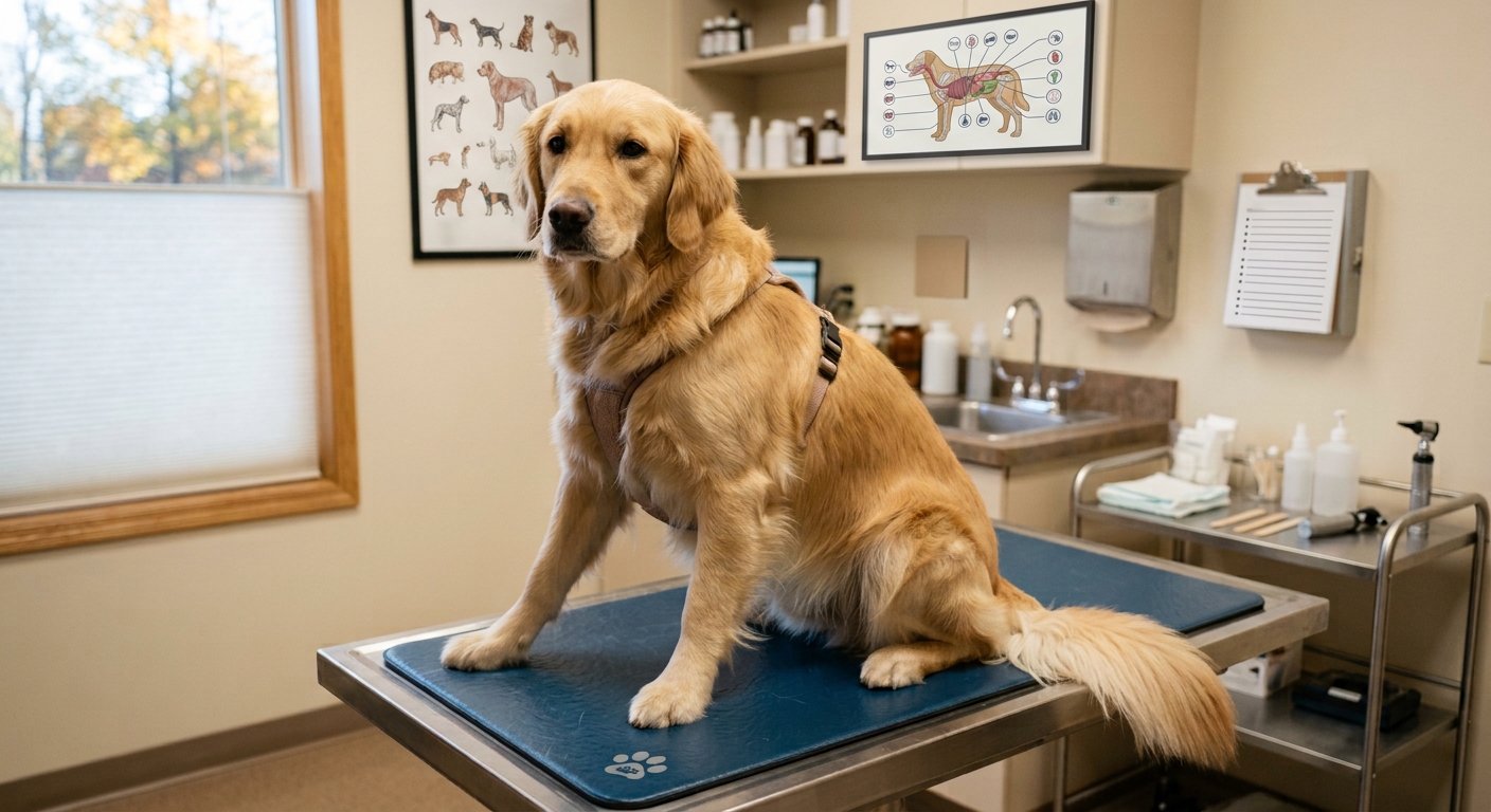 Câine golden retriever pe masa de consultație, în cabinetul veterinar